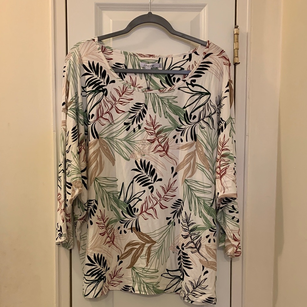 Chico's Multicolor Leaf Print Long Sleeve Top
